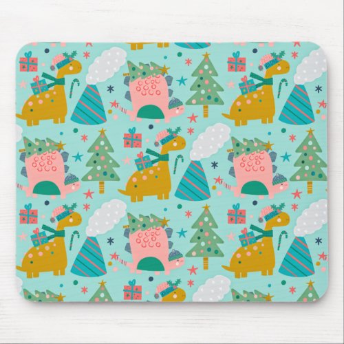 Blue Marigold Christmas Dinosaur Pattern Mouse Pad