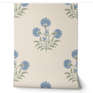 Blue Marigold Floral Pattern Warm Cream Background Wallpaper
