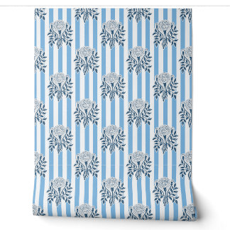 Blue Marigold flowers stripe pattern Wallpaper