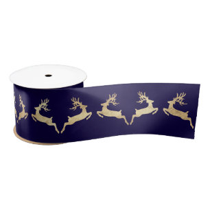 Blue Marine Golden Christmas Holidays Reindeer Satin Ribbon