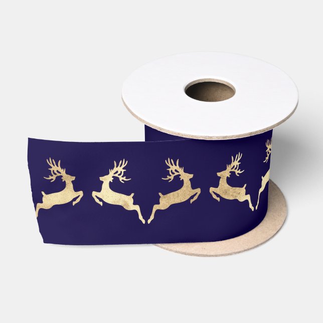Blue Marine Golden Christmas Holidays Reindeer Satin Ribbon (Spool)