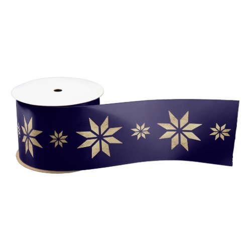 Blue Marine Golden Christmas Stars Snowflakes Satin Ribbon