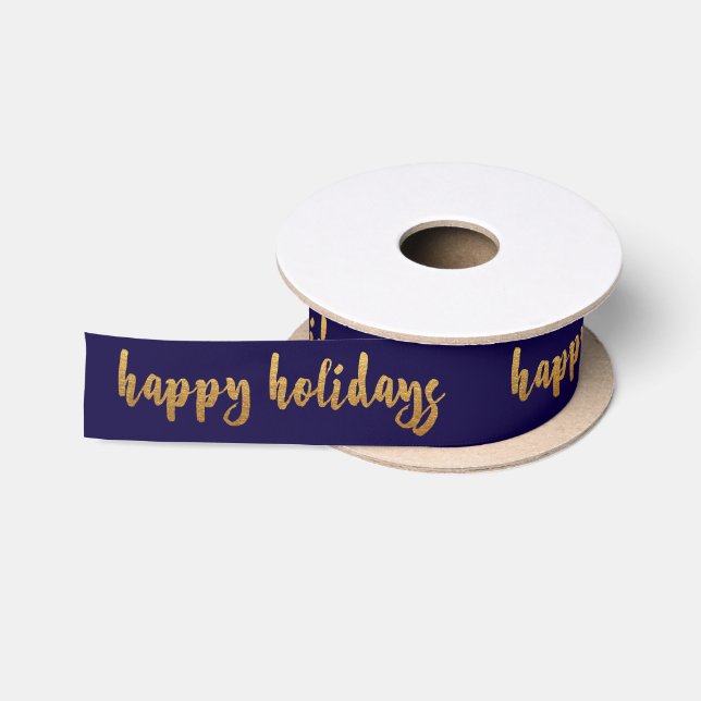 Blue Marine Golden Happy Holidays Reinadeer Satin Ribbon (Spool)