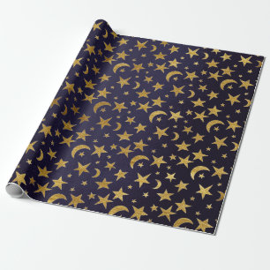 Blue Marine Golden Stars and Moon Sky Wrapping Paper