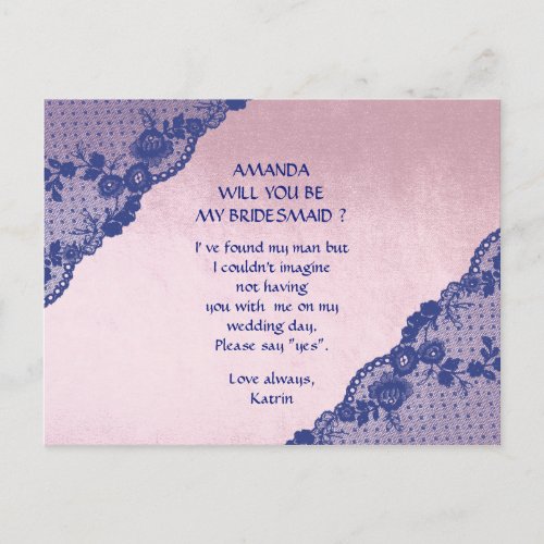 Blue Marine Lace Pink Will You Be My Bridesmaid Invitation Postcard