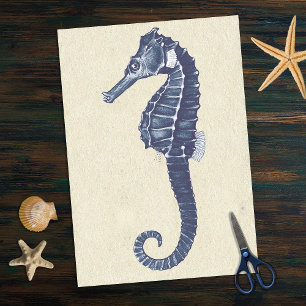Blue Marine Life Seahorse on Beige Antique Paper