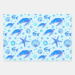 Blue Marine Life - Turtles, Fish and Seashells  Wrapping Paper Sheets