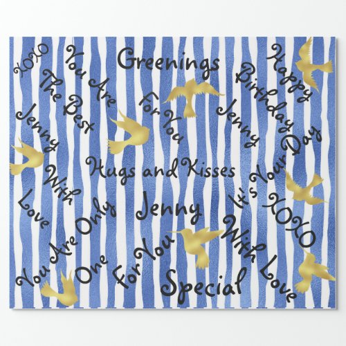 Blue Marine Painted White Stripes Golden Birds Wrapping Paper