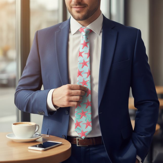 Blue Marine Sea Ocean Star Fish Pattern Neck Tie (Creator Uploaded)