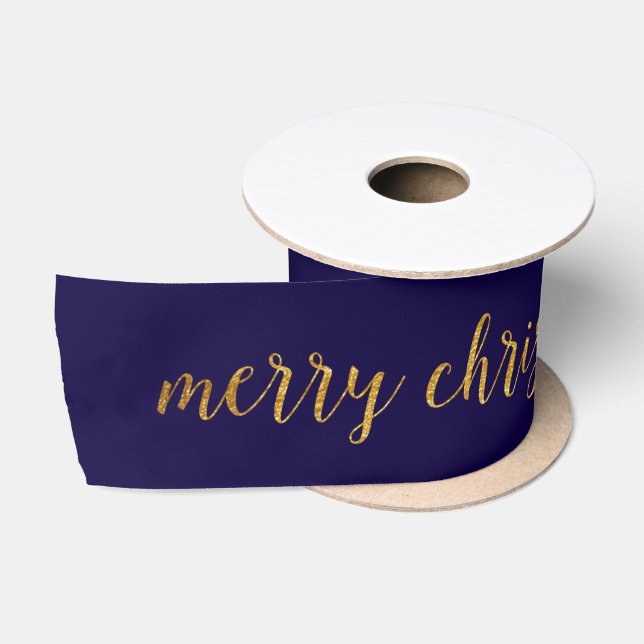 Blue Marine Yacht Golden Merry Christmas Satin Ribbon (Spool)
