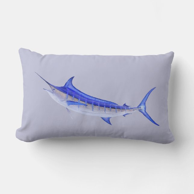 Blue Marlin Fish on Gray Lumbar Pillow (Front)