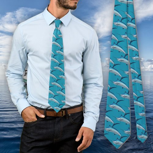 Blue Marlin Fish Pattern Fisherman Novelty Neck Tie