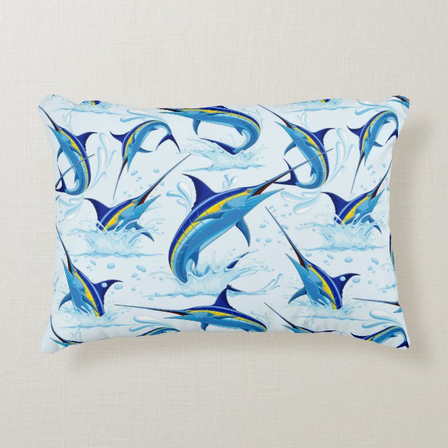Blue Marlin Jumping out of Ocean Accent Pillow (Front)