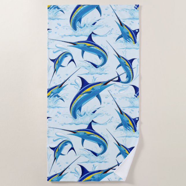 Blue Marlin Jumping out of Ocean Beach Towel (Front)