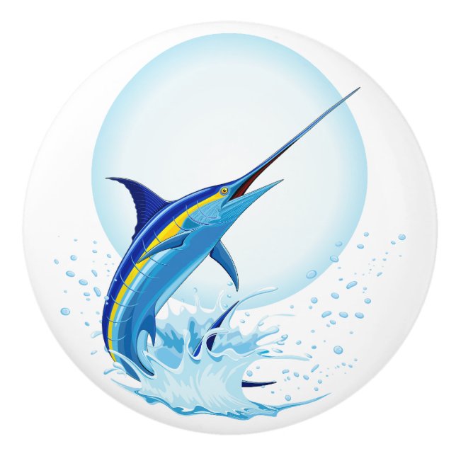 Blue Marlin Jumping out of Ocean Ceramic Knob (Front)