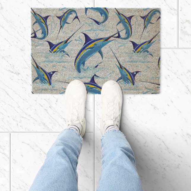 Blue Marlin Jumping out of Ocean Fiber Doormat (Insitu)