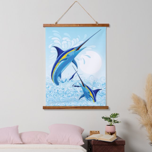 Blue Marlin Jumping out of Ocean Hanging Tapestry (Bedroom)