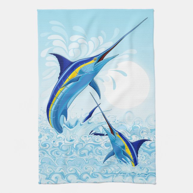Blue Marlin Jumping out of Ocean Kitchen Towel (Vertical)