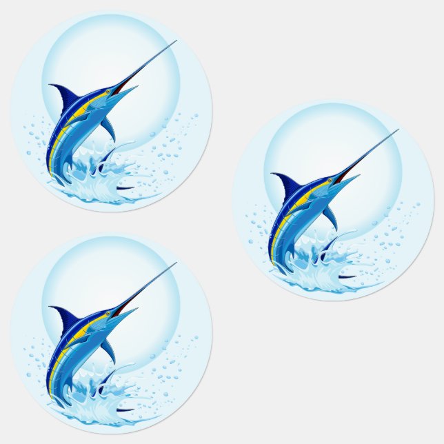 Blue Marlin Jumping out of Ocean Labels (Group)