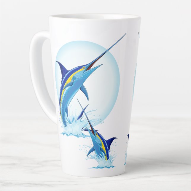 Blue Marlin Jumping out of Ocean Latte Mug (Left Angle)