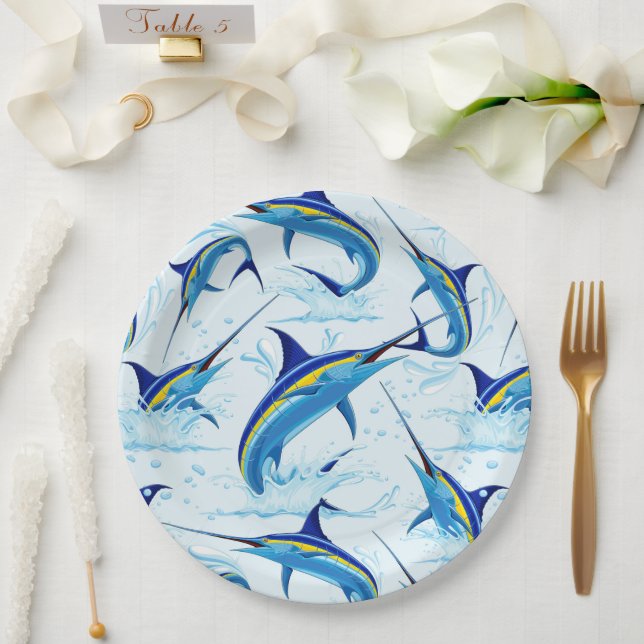 Blue Marlin Jumping out of Ocean Paper Plates (Wedding)