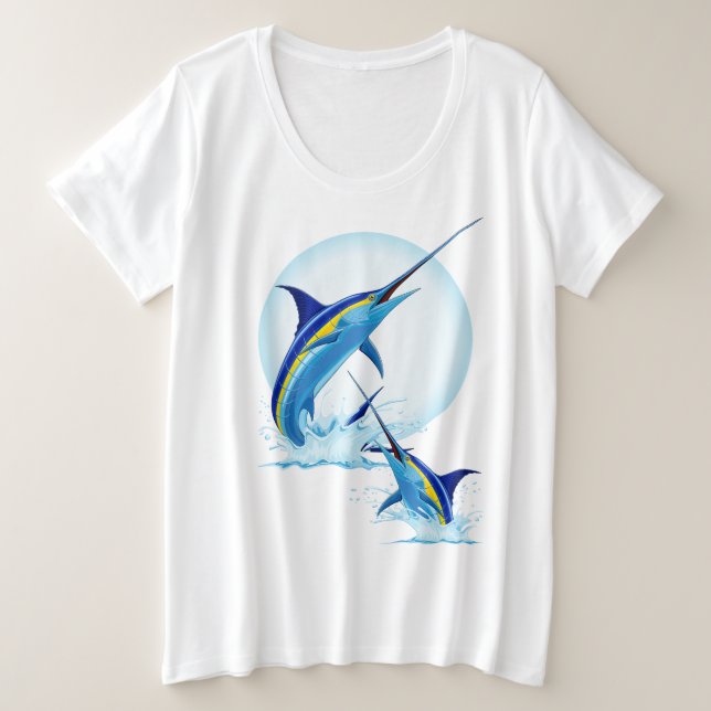 Blue Marlin Jumping out of Ocean Plus Size T-Shirt (Design Front)