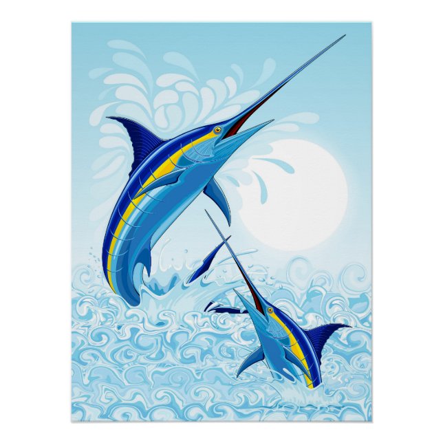 Blue Marlin Jumping out of Ocean Poster (Front)