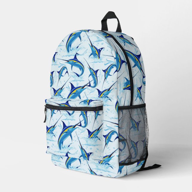Blue Marlin Jumping out of Ocean Printed Backpack (Back Corner Right)
