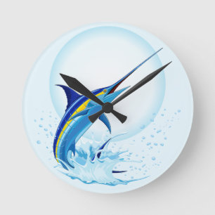 Blue Marlin Jumping out of Ocean Round Clock
