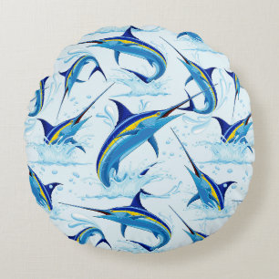 Blue Marlin Jumping out of Ocean Round Pillow