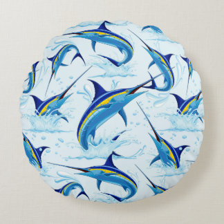 Blue Marlin Jumping out of Ocean Round Pillow