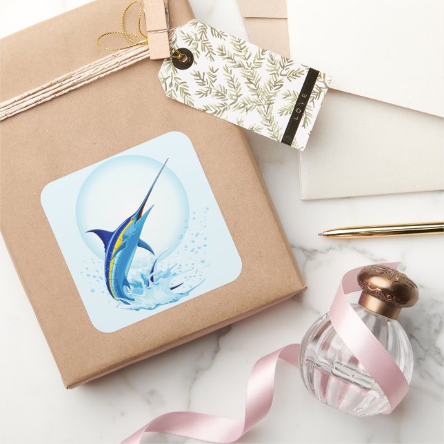 Blue Marlin Jumping out of Ocean Square Sticker (Gifting)