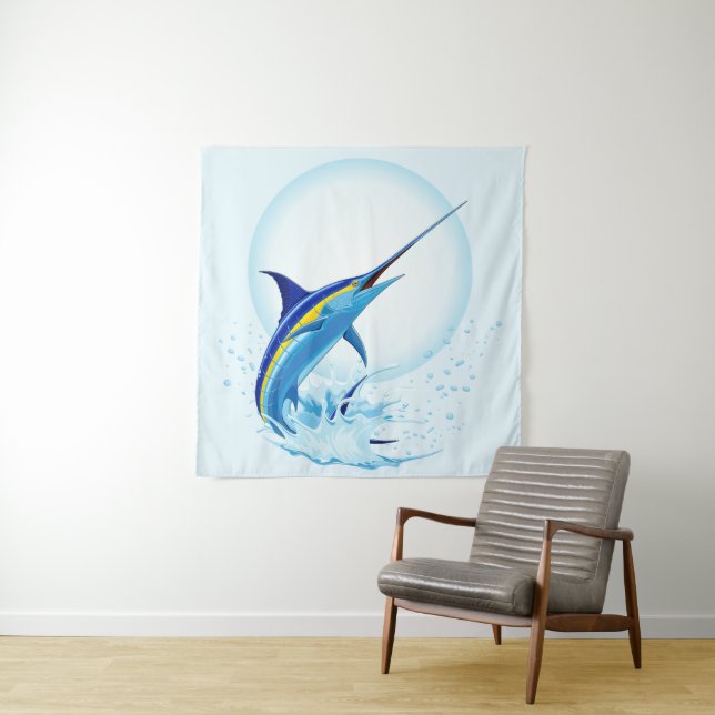 Blue Marlin Jumping out of Ocean Tapestry (In Situ)