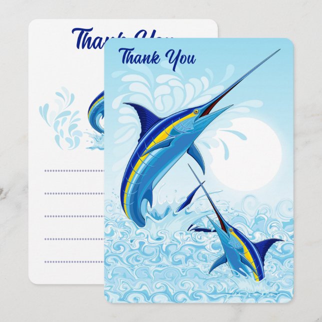 Blue Marlin Jumping out of Ocean Thank You Card (Front/Back)