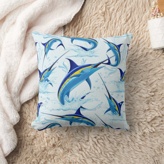 Blue Marlin Jumping out of Ocean Throw Pillow (Blanket)