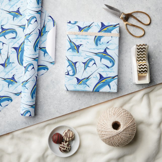 Blue Marlin Jumping out of Ocean Wrapping Paper (Crafts)