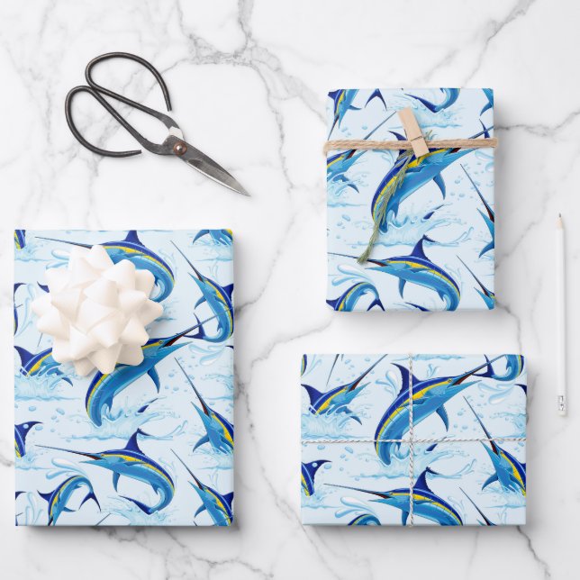 Blue Marlin Jumping out of Ocean Wrapping Paper Sheets (Front)