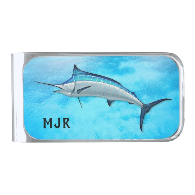 Blue Marlin Monogrammed Fisherman's Silver Finish Money Clip (Front)