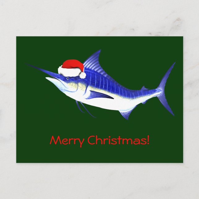Blue Marlin Santa Claus Holiday Postcard (Front)