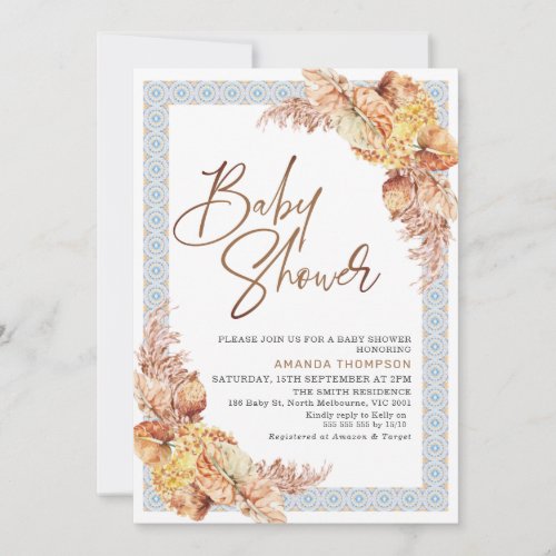 Blue Maroccan Time Boho Dry Floral Baby Shower Invitation