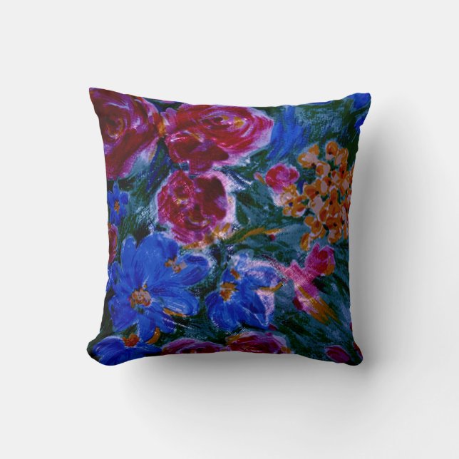 Blue, Maroon, Floral Beautiful Throw Pillow (Front)