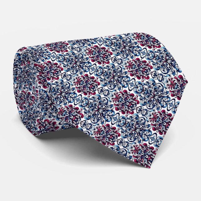 Blue, Maroon, Indigo & White Swirl Pattern Neck Tie (Rolled)