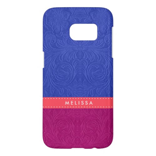 Blue  Maroon Suede Leather Floral Design Samsung Galaxy S7 Case