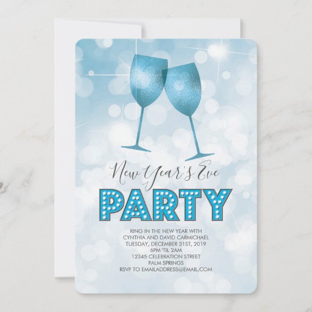 Blue Marquee Lights New Years Eve Party Invitation (Front)