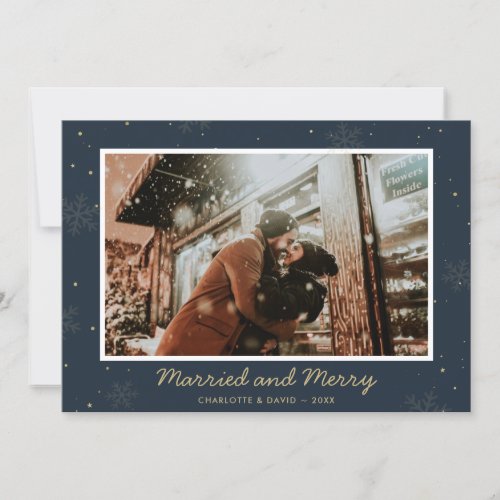 Blue Married and Merry First Christmas Photo Holiday Card
