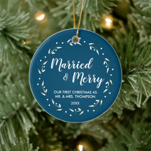 Blue Married  Merry Christmas Wedding Photo Ceramic Ornament