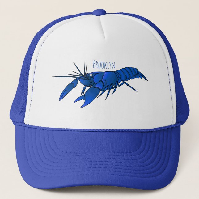 Blue marron crayfish cartoon illustration trucker hat (Front)