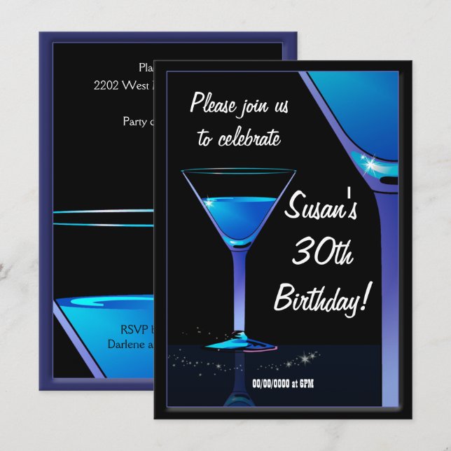 Blue Martini Cocktail Birthday Party Invitation (Front/Back)