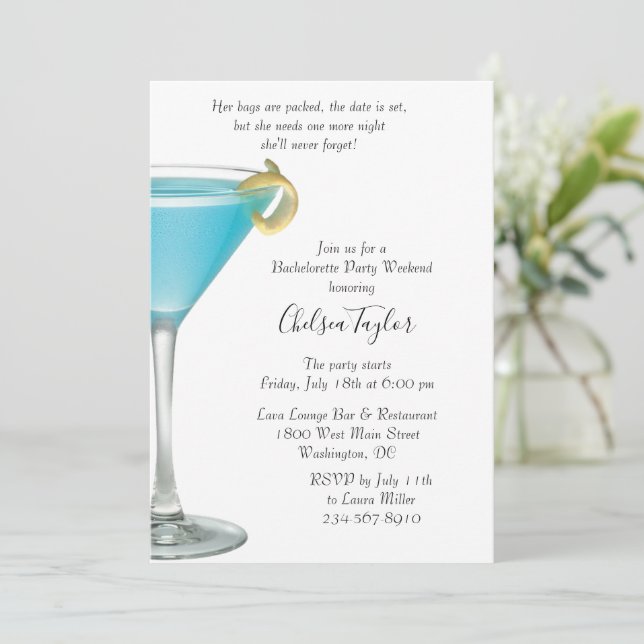 Blue Martini Cocktail Hour Bachelorette Party Invitation (Standing Front)