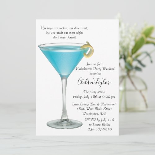 Blue Martini Cocktail Hour Bachelorette Party Invitation